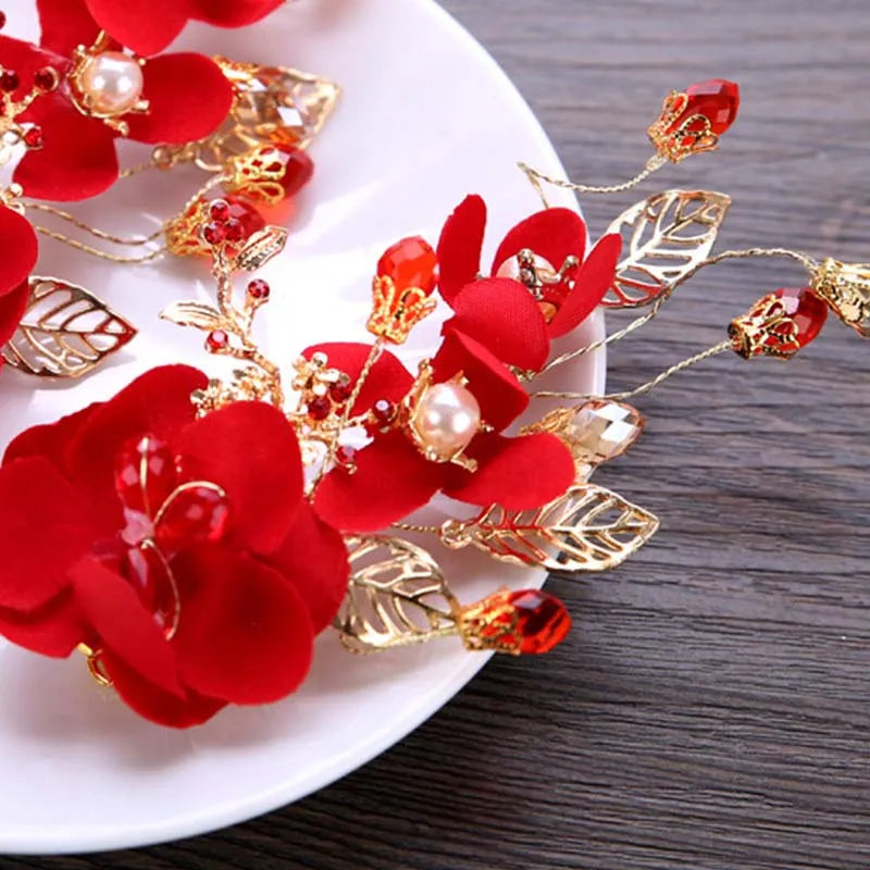 New Fashion Chinese Red Flower Simulated Pearl Crystal Hair Clip Hairpin Noiva Bridal Bride Wedding Veil Decoration Jewelry