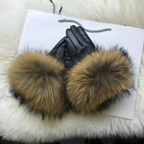 Real Sheepskin Fox Fur Gloves Women's Genuine Leather Glove Winter Warm Fashion Style Natural Fluffy Fox Fur Oversized Customize