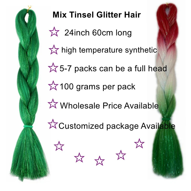 Desire for Hair 5Packs Synthetic Braiding Hair Christmas Colors Mix Tinsel Glitter Green Synthetic Hair Extensions Jumbo Braids