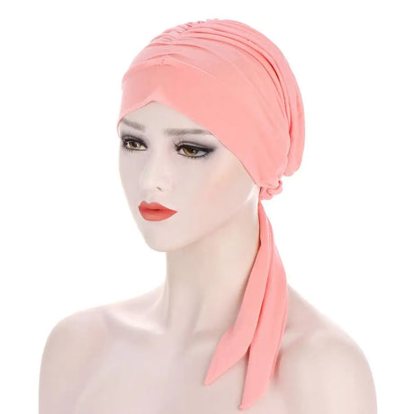 New Solid Color Crystal Hemp Long Tail Bow Turban Hat 7 color chemotherapy cap headdress Hat Women's Nightcap hair accessories