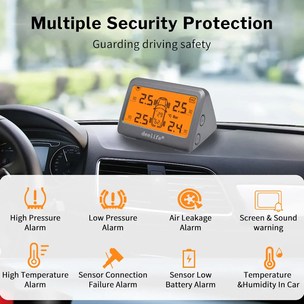 Deelife Car TPMS Solar Tire Pressure Monitoring System For 4 Wheel Alarm Warning With 0-8 Bar Tyre TMPS 4 Sensors