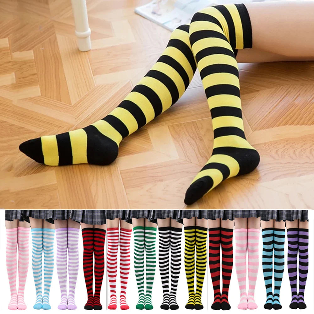 Women's Thigh High Over The Knee Socks For Girls Black White Striped Stockings Long Slouch Socken Kawaii Knit Leg Warmers Soks