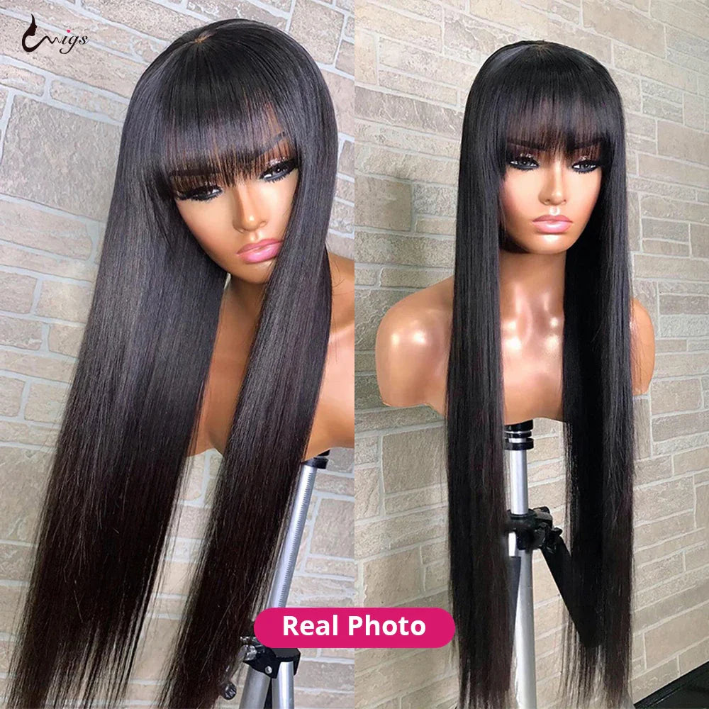 Uwigs Highlight Wig Human Hair Wigs With Bangs Bone Straight Human Hair Wig Full Machine Wigs Ginger Orange 250 Density Lace Wig