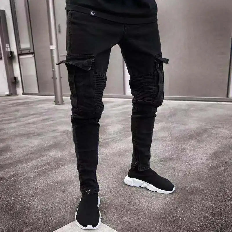 Men Slim Biker Ripped Long Denim Trousers Skinny Jeans pocket Young Man Jogging Pants Destroyed Stretchy-Black Pants