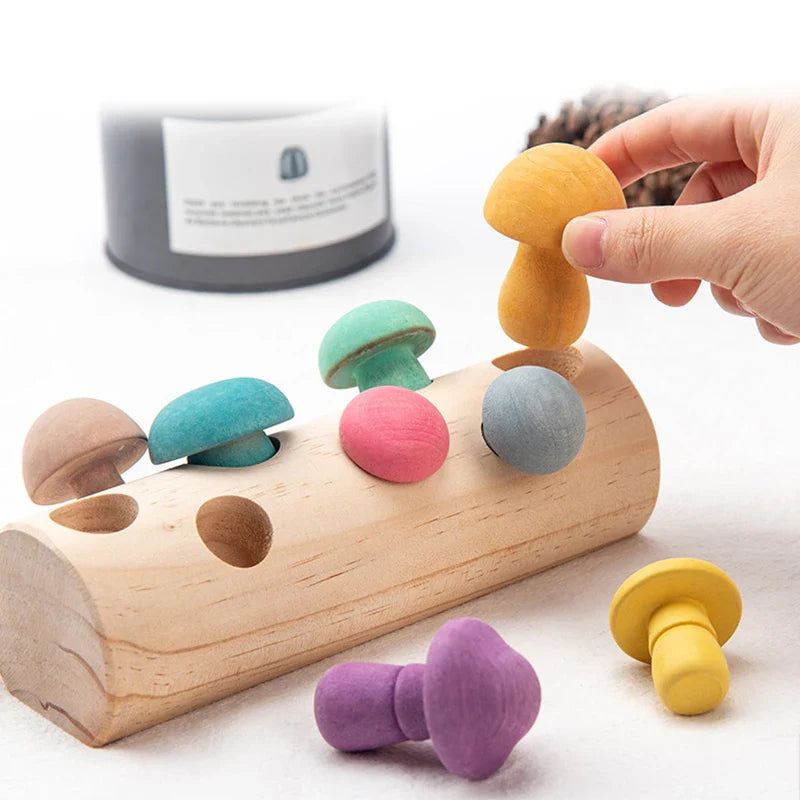 Wooden Rainbow Blocks Mushroom Picking Game Wood Baby Montessori Educational Toys for Children Shape Matching Assembly Grasp