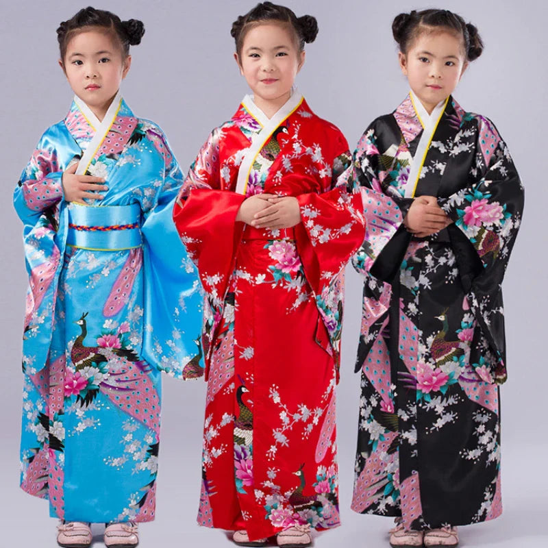 Children Kimono Traditional Japanese Style Peacock Yukata Dress for Girl Kid Cosplay Japan Haori Costume Asian Clothes