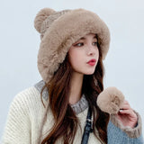 2021 New Pompom Winter Hats For Wome Earmuffs Thicken Ear-flapped Hat Fleece Lined Girl Knit Bonnets Cute Ladies Ear Beanies Cap