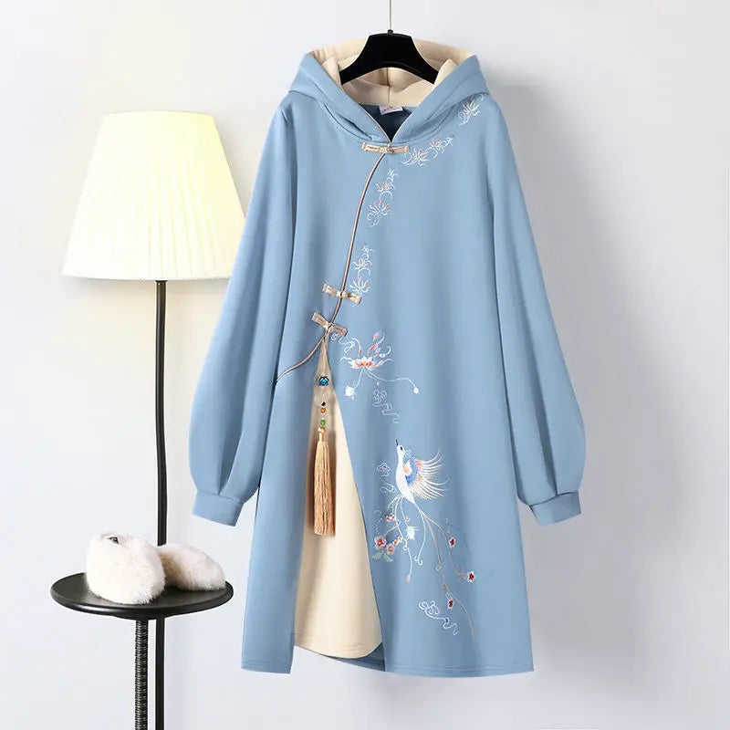 Winter Plus Size Dress Women's Chinese Traditional Style Hanfu Cheongsam Embroidered Tang Suit Hooded Sweatshirt Vestidos