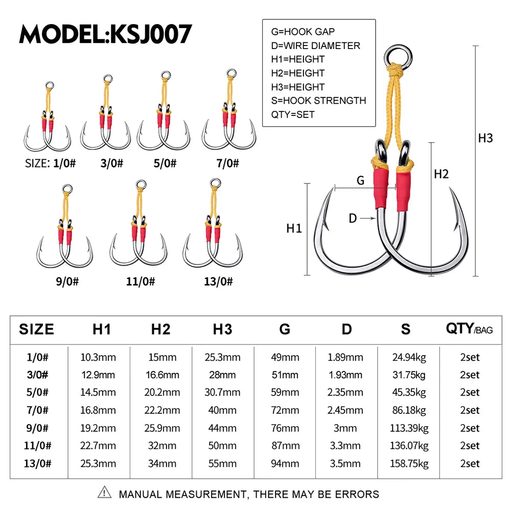 KATYUSHA 10Paris/lot Metal Jig Fishing Hooks 1/0-3/0-5/0-7/0-9/0-11/0-13/0# Jigging Assist Fishhooks With PE Line Feather Solid