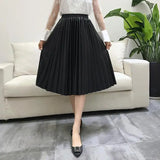 Neophil Ladies Black PU Fur Faux Leather Midi Skirt Thick Winter Pleated High Waist  Vintage Mid-calf Women Longa Saia S2010