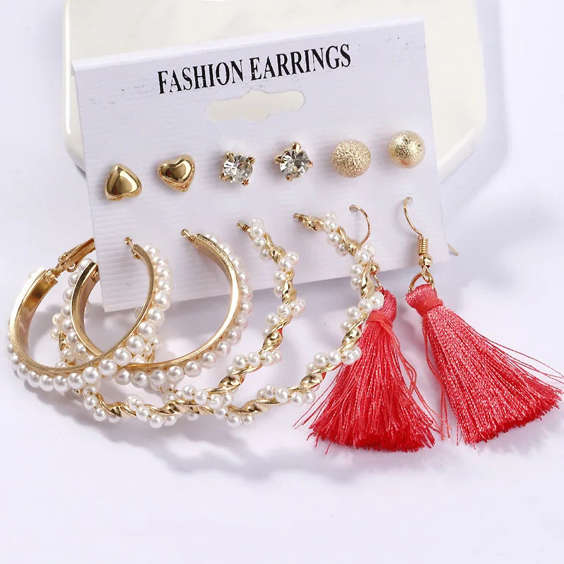 LATS Women's Earrings Set Tassel Pearl Earrings for Women Bohemian Fashion Jewelry 2020 Geometric Kolczyki Hoop Earings