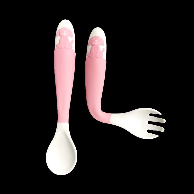 Baby Feeding Spoon+Fork Learn to eat Training Complementary Food Spoon Any Bend Tableware Twist Spoon Fork Free Storage Box