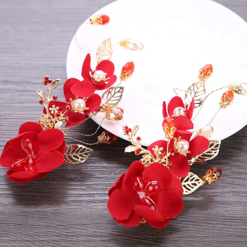 New Fashion Chinese Red Flower Simulated Pearl Crystal Hair Clip Hairpin Noiva Bridal Bride Wedding Veil Decoration Jewelry