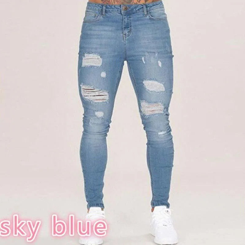 Fashion Casual White Ripped Jeans For Men Jeans Pants Slim Skinny Stretch Denim Pants Man Elastic Waist Jogging Denim Trousers