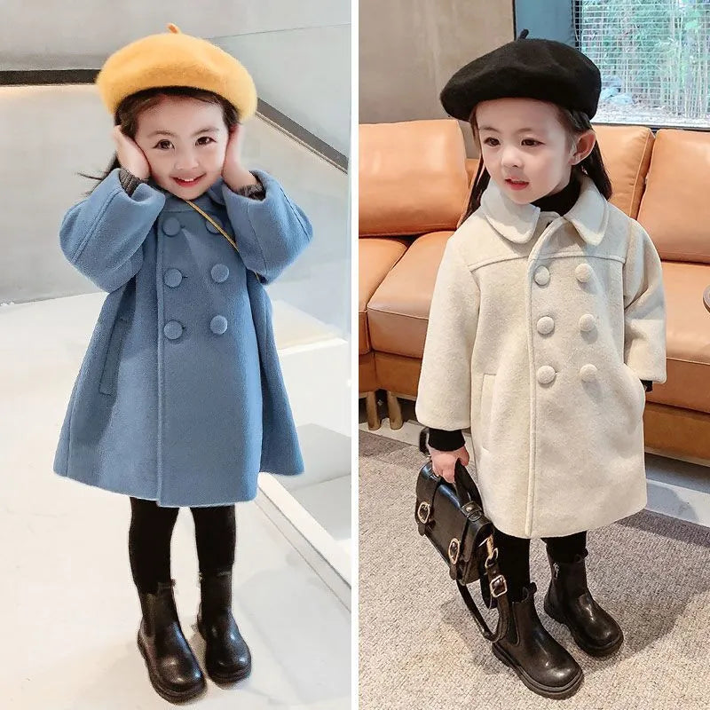 Double Breasted Girls Woolen Coats Autumn Winter Trench Jacket Coat 2-6Yrs Children Clothes For Kids Outerwear Birthday Present