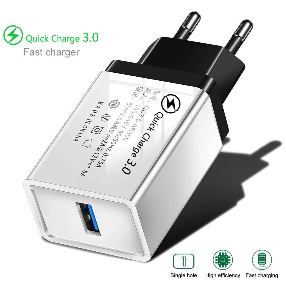 QC 3.0 USB Charger Quick charge 3.0 for iphone Samsung Xiaomi Huawei EU Adapter Charging Mobile Phone Charger Micro USB C Cable