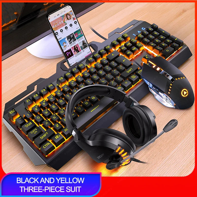 V2 Gaming Keyboard Mouse Headset Set Mechanical Feel Game 104 Keys Keyboards 3200DPI Mice Headphone Combos for PC Gamer