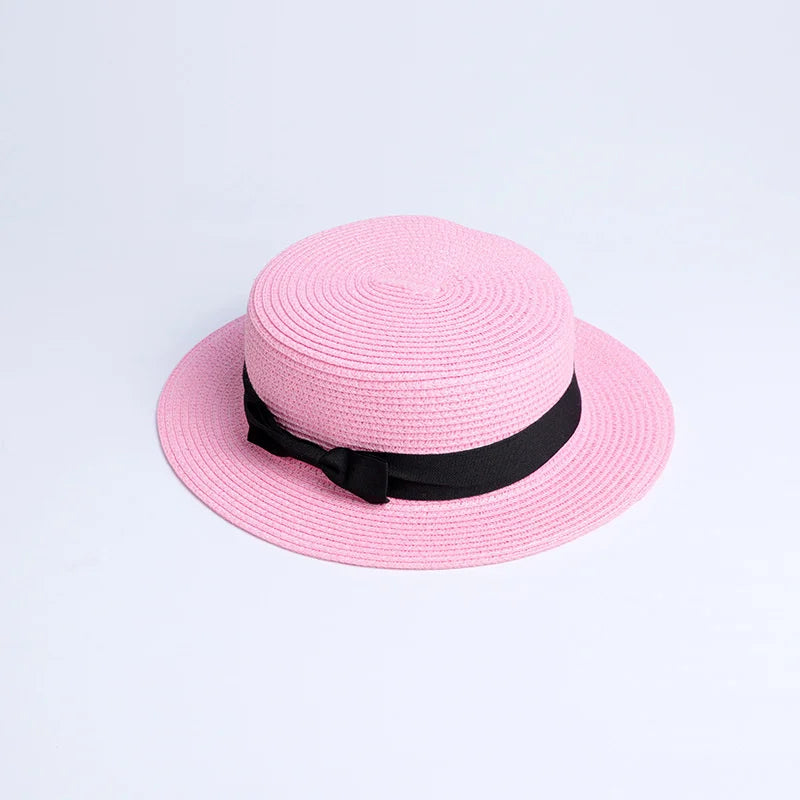 2019 Parent-child wholesale sun flat straw hat boater hat girls bow summer Hats For Women kid and Beach flat panama straw hat