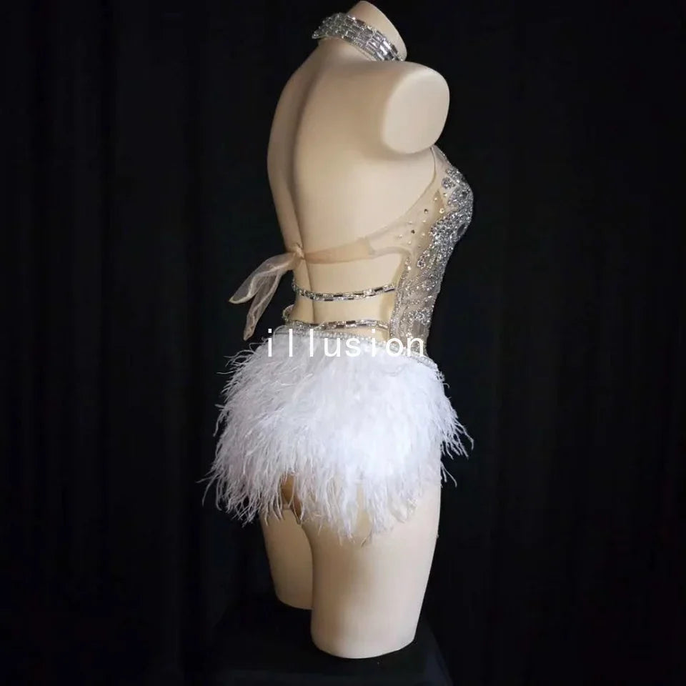 Sparkly Silver Crystals Mesh Bodysuit Women Feather Leotard Outfit Female Bar Dance Stage Party Dance Costume Celebrate Dress