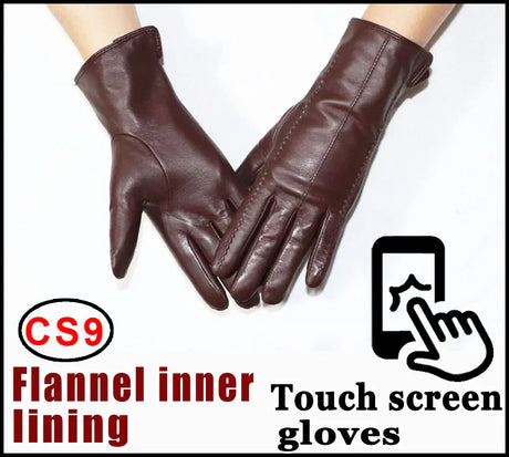 Women's sheepskin gloves winter warmth plus velvet short thin touch screen driving female color leather gloves new high-end 2023