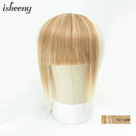 Isheeny Human Hair Bangs 3 Clips In Black Blunt Cut Fringe Hair Piece Natural Black Blonde Bang 8" Clip In Hair Extensions Brown