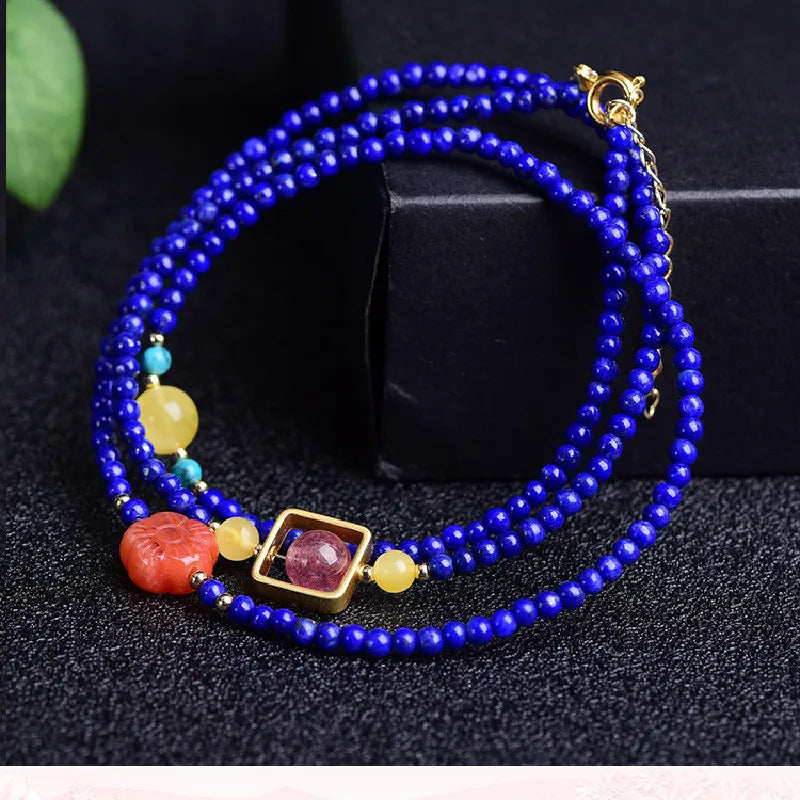 Natural Lapis Lazuli Bracelet With Turquoise Beeswax Strawberry Crystal Southern Red Agate Carved Men&#39;s And Women&#39;s Bracelets