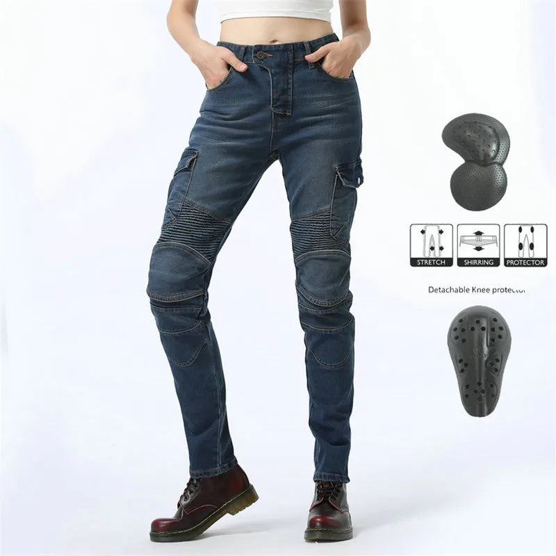 Hot Sale Black Motorcycle Pants Green Moto Jeans Woman Boyfriends Motorcycle Leisure Women's Jeans Blue Riding High Waist Jeans