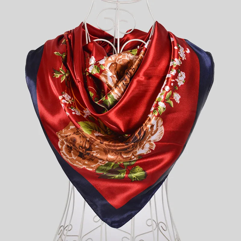 Spring And Autumn Female Satin Scarf,Big Square Scarves Hijabs Printed,Women Scarf,Purple Polyester Silk Scarf Shawl 90*90cm