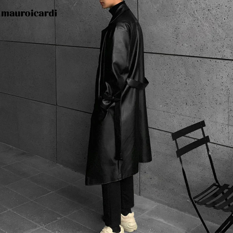 Mauroicardi Spring Autumn Long Black Oversized Faux Leather Trench Coat Men 2022 Drop Shoulder Belt Faux Leather Coats for Men