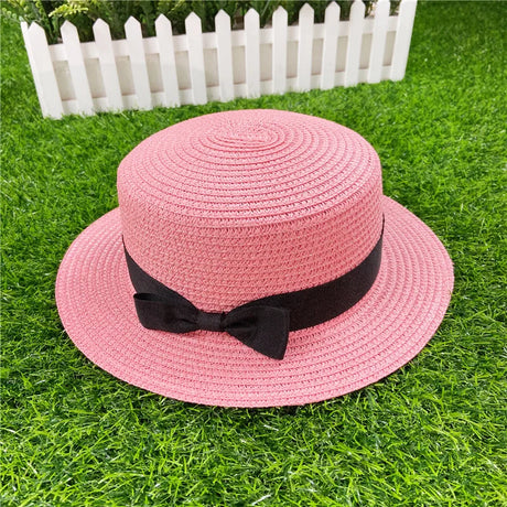 Summer New Women's Sun Hat Bucket cap Ribbon Flat top Straw Hats Beach Caps Panama Women Sun Hat Brim Bowknot  Straw Outdoor Hat