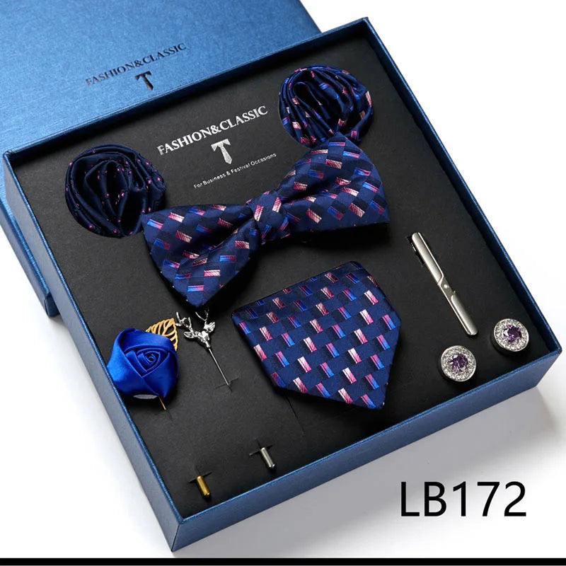 Holiday Gift Box Tie For Men 7.5 cmTie Hanky Pocket Squares Cufflink Set Bow Tie Clip Necktie Box Purple hombre Geometric Office