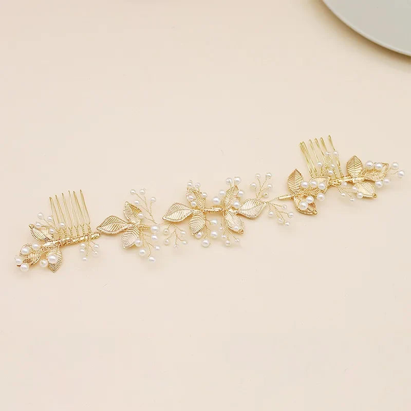 QYY Newest Gold Color Leaves Wedding Hair Comb Long Bridal Hair Accessories Jewelry Pearls Alloy Headpieces Hair Clips