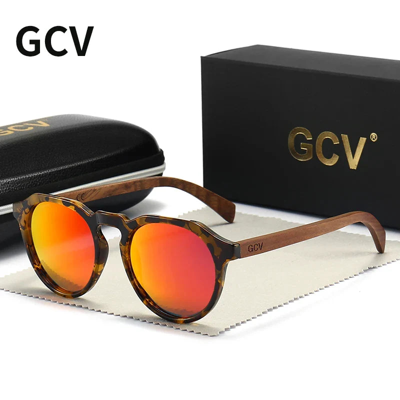 GCV Brand Advanced Walnut Wood Hawksbill Leopard Grain Frames Ultralight Sunglasses Men Women Female Polarized  Delicate Fashion