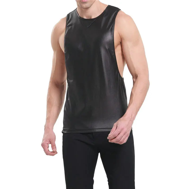 Sexy Mens Tank Tops Sleeveless Undershirts Faux Leather WetLook Stage Dance Clubwear Male NightClub Muscle Shirt Casual Men Vest