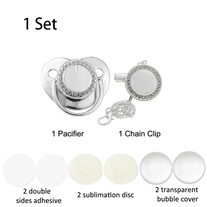 Blank Personalized Baby Pacifier with Chain Clips Covers Luxury Bling Zircon Silicone Dummy Nipple Teether Newborn Gift 5Set/lot