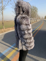 Hooded Silver Fox Fur Coat for Women, Plus Size, Long Sleeves, Winter, Luxury, Natural, Real Silver Fox Fur Jacket with Hood