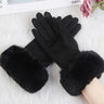 Women Faux Rabit Fur Wrist Suede Leather Touch Screen Driving Glove Winter Warm Plush Thick Full Finger Cycling Black Mitten H92