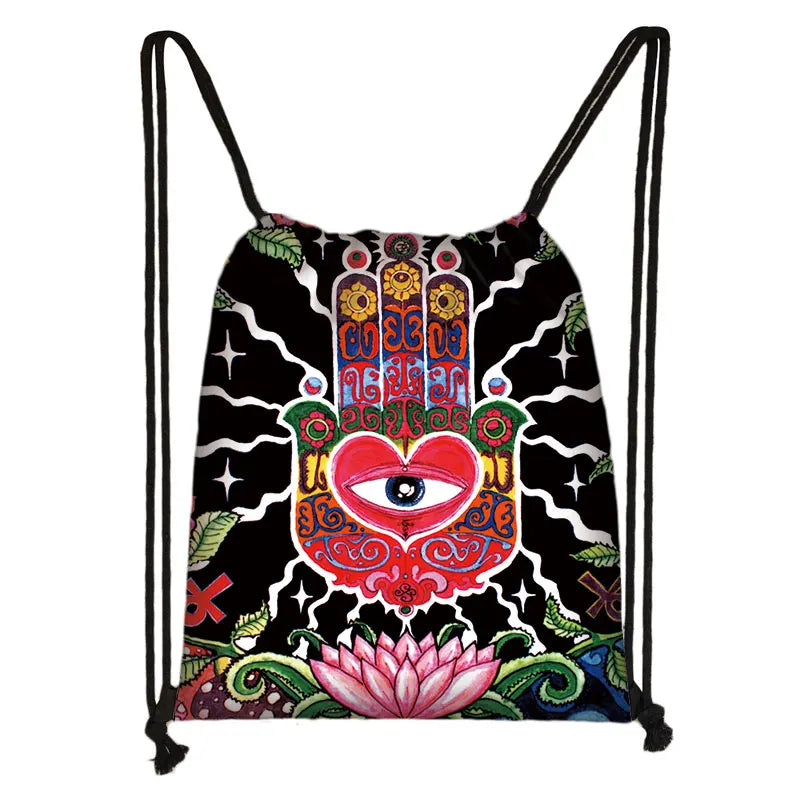 Mandala  / Hamsa Fatima Hand/ Buddha Lotus Flower backpack woman  Drawstring Bag girls Storage Bag Ladies  travel bag