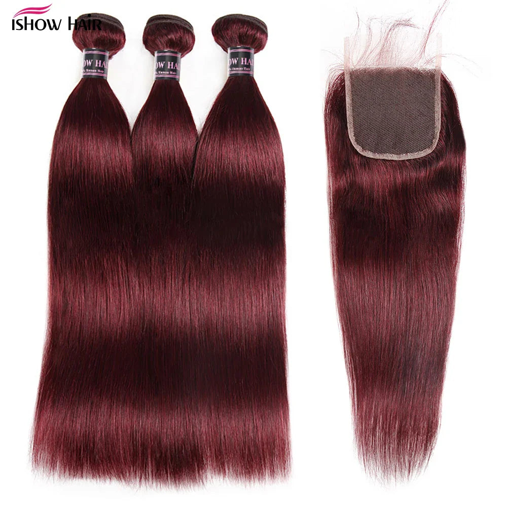 99J Straight Bundles With Closure Burgundy Human Hair Bundles With 5x5 Closure Brazilian Red Colored Bundles With 4x4 Closure