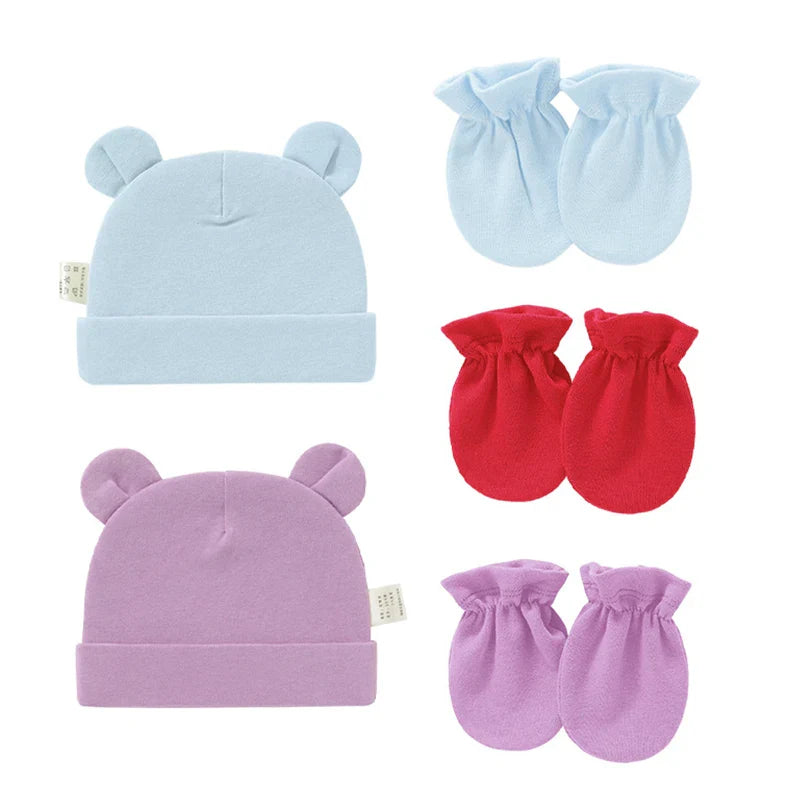 Cute Newborn Birth Set Cotton Soft Baby Nightcap With Ears Fall Winter Hat Gloves 2pcs Kit Prevent Scratching Skin Infant Stuff