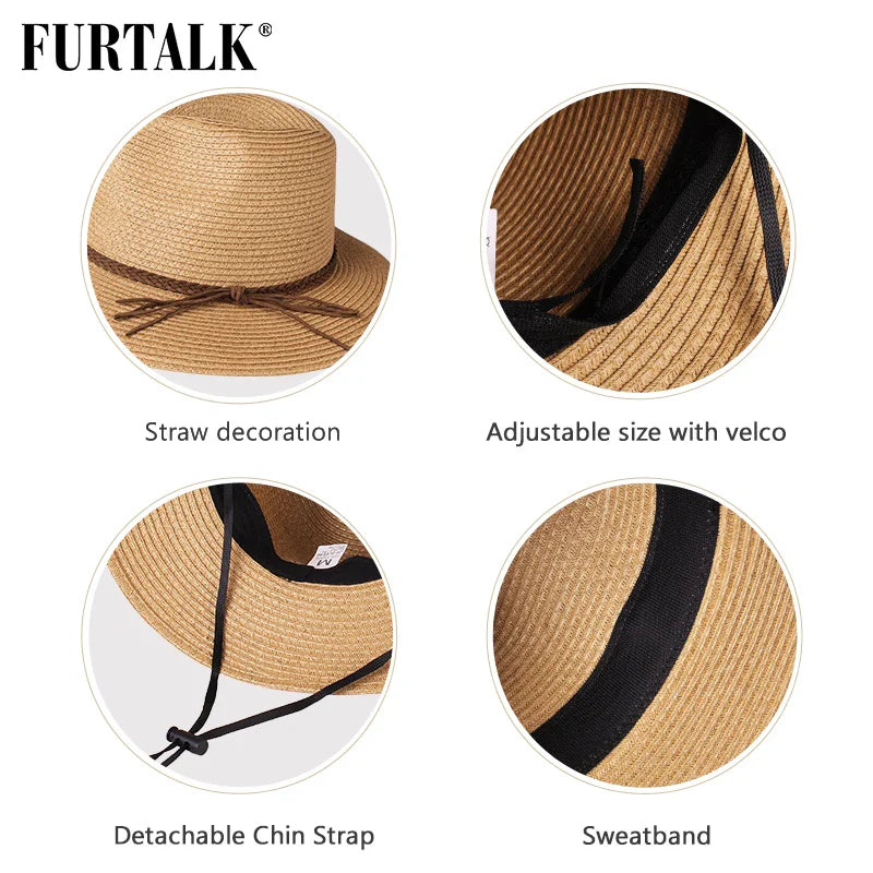 FURTALK Summer Straw Hat for Women Panama Beach Hat Bucket Sun Hats Female Summer Big Brim UV Protection Cap chapeau femme 2020