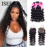 ISEE HAIR Brazilian Loose Deep Bundles With Closure 100% Remy Human Hair Bundles With Closure 3/4 Bundles Hair With Closure 4x4