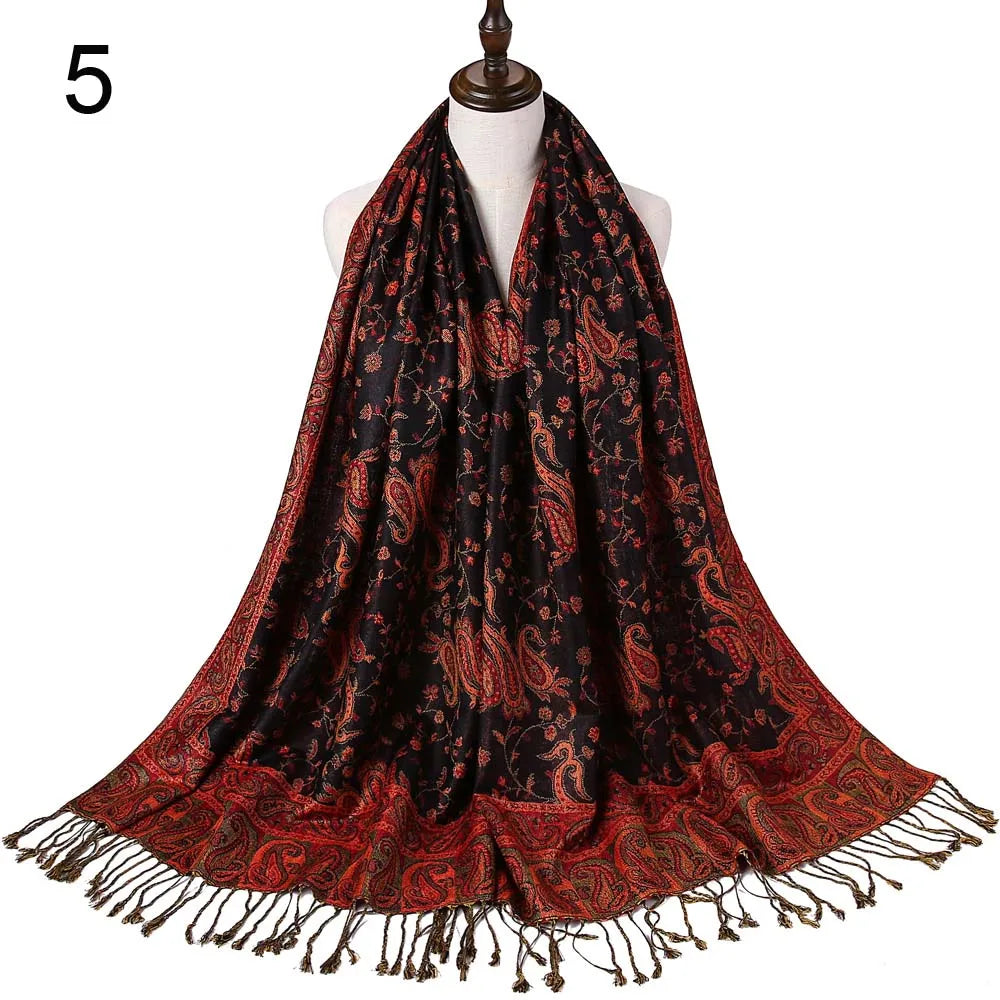 Pashmina Silk Scarf Shawl Wrap Paisley Jacquard Flowers Borders Rave 2 Layers Reversible Classic Tassels For Women 70X180cm 200g