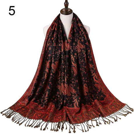 Pashmina Silk Scarf Shawl Wrap Paisley Jacquard Flowers Borders Rave 2 Layers Reversible Classic Tassels For Women 70X180cm 200g