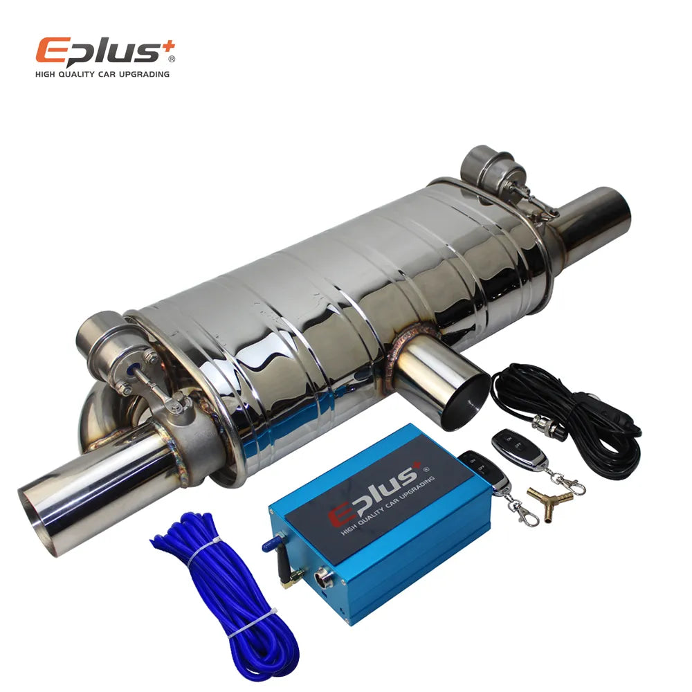 EPLUS Car Exhaust Pipe Vacuum Pump Variable Valve Mufflers Remote Control Stainless Steel Universal T Shape One In Two Out 63MM