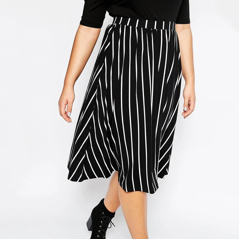 Plus Size High Elastic Waist Casual Striped Skirt Black And White Summer Spring Elegant Fashion A-line Midi Skirt 5XL 6XL 7XL 8X