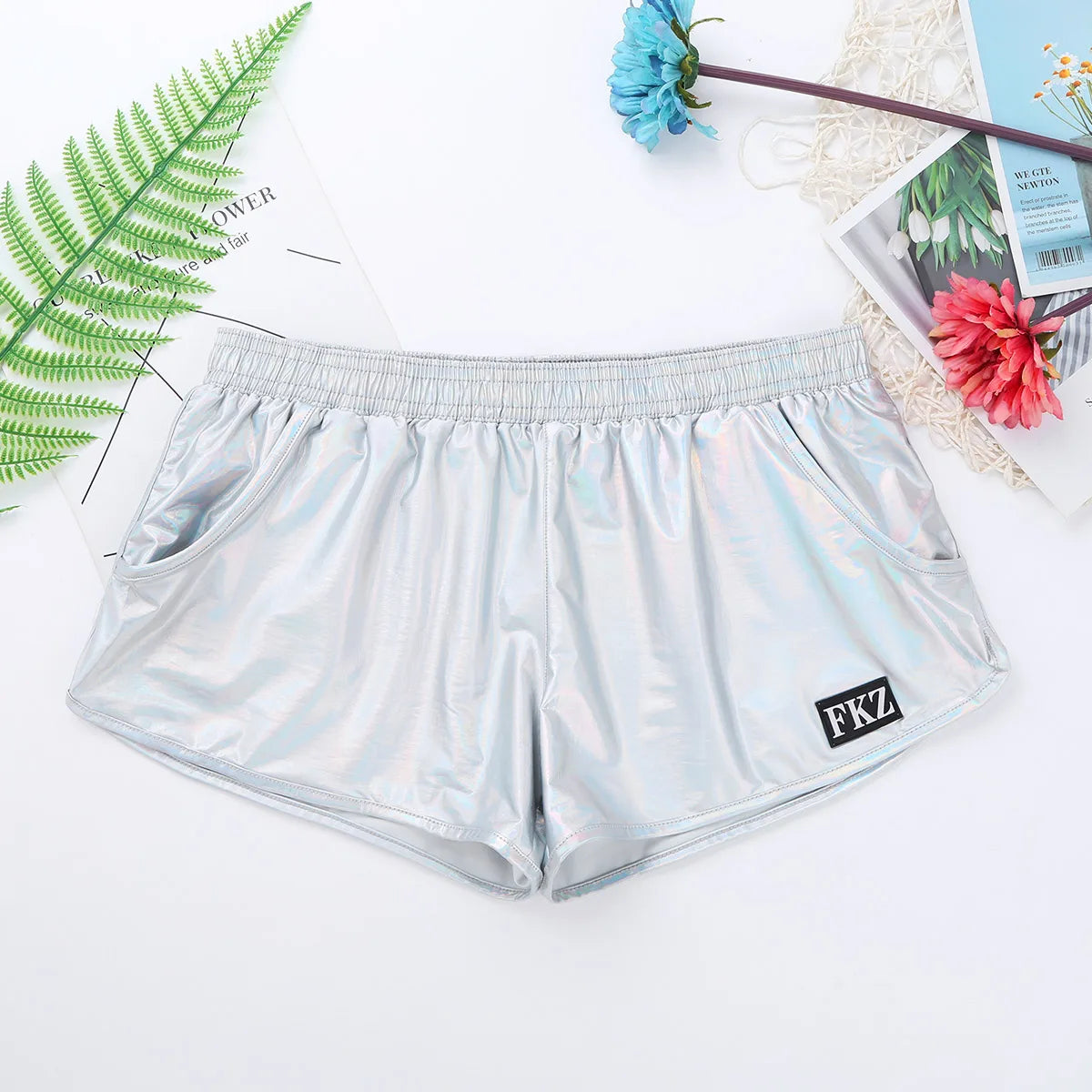 Mens Holographic Shiny Metallic Boxer Briefs Casual Loose Lounge Shorts Underwear Fashion Swim Trunks Bikini Swimwear