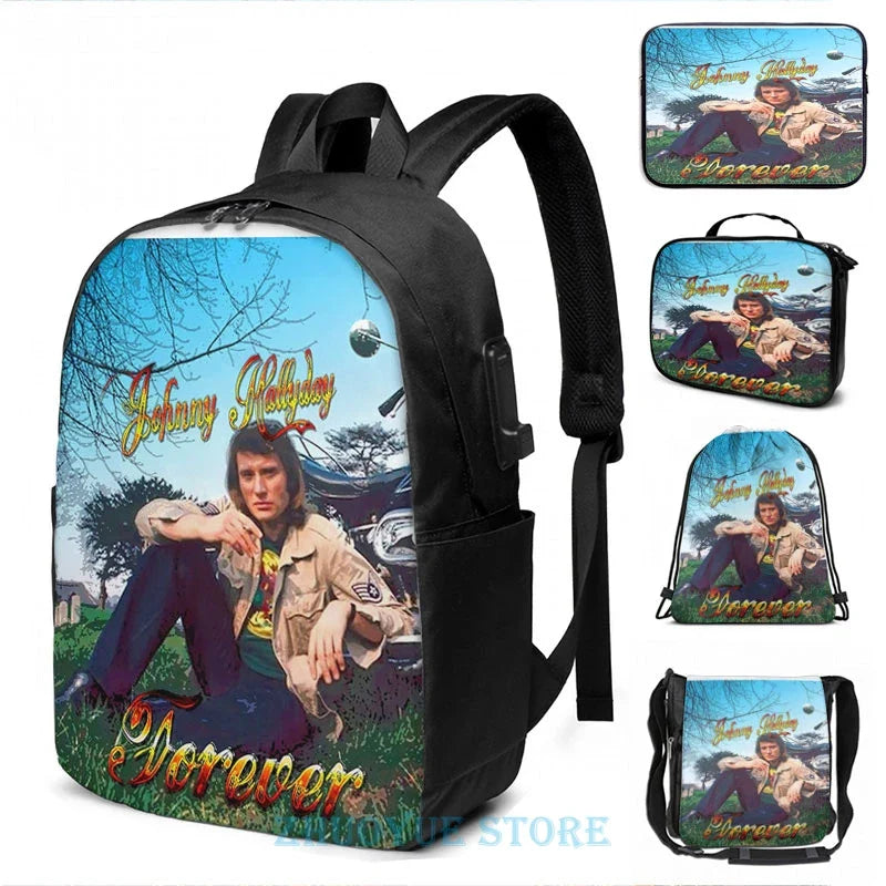 Funny Graphic print Johnny Hallyday Forever USB Charge Backpack men School bags Women bag Travel laptop bag