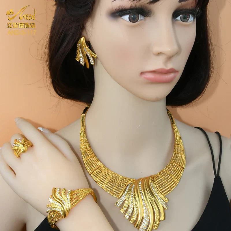 ANIID Nigerian Jewelery Set Wedding Jewelry For Women Dubai 24K Gold Color Jewlery African Designer Earrings Bridal Necklace