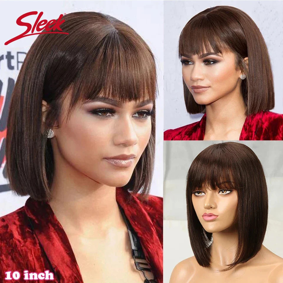 Sleek Short Bob Wigs With Bang Brazilian Straight Hair Wigs For Women Brown P4/30# Glueless Machine Made Cheap Human Hair Wigs